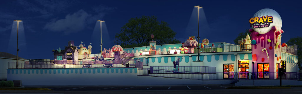 Crave Golf Club building at night